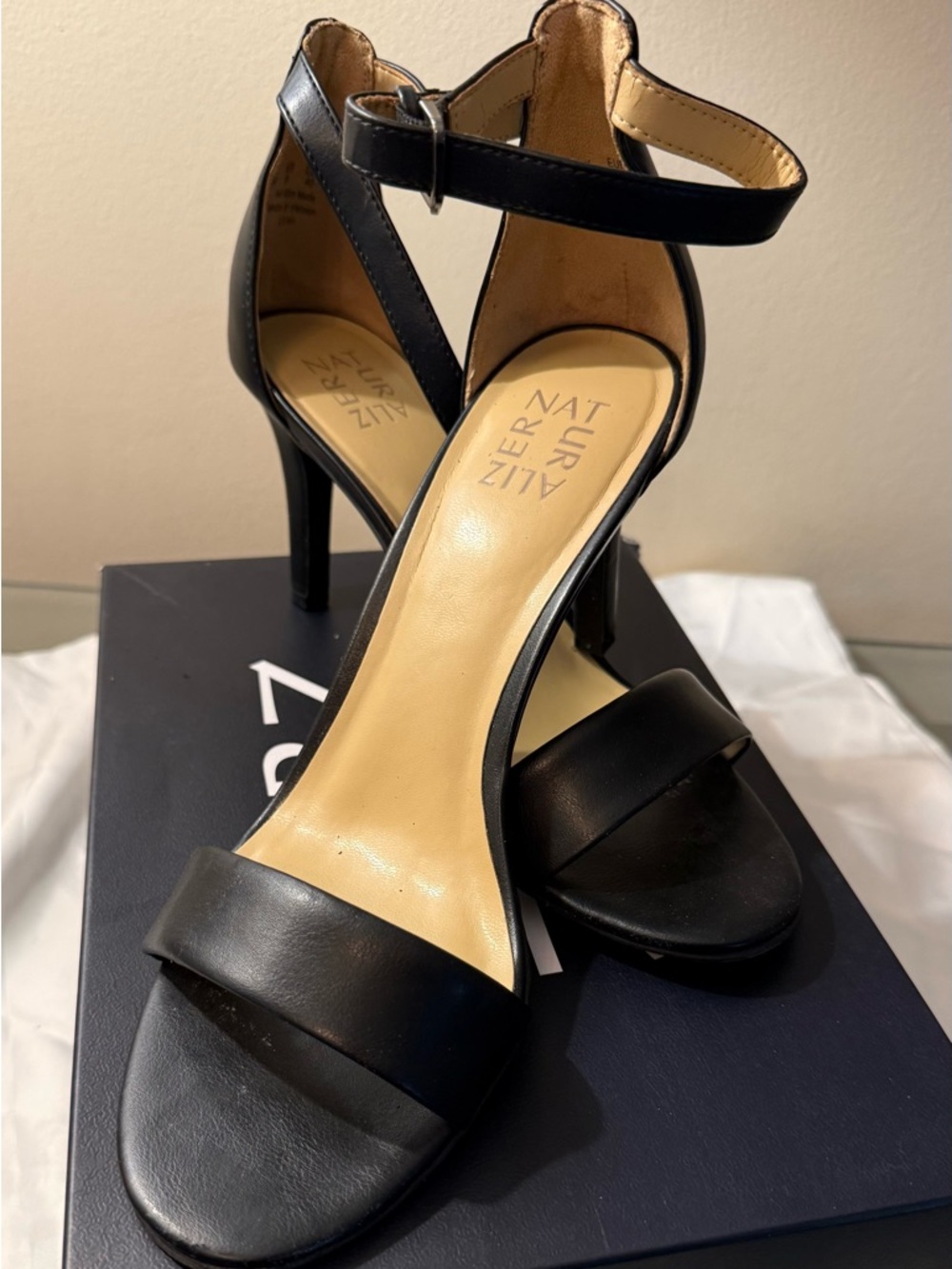 Naturalizer Black Leather Ankle-Strap Heeled Sandals